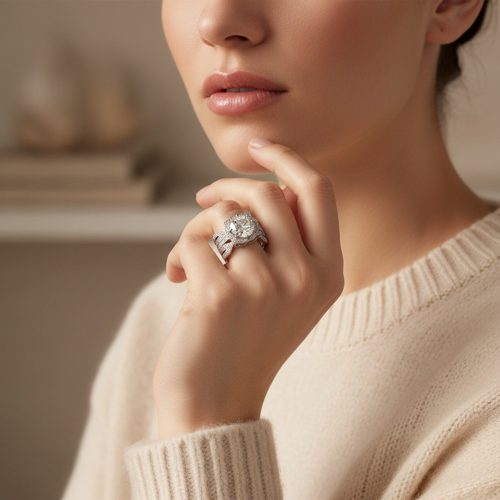 Aurevyn Moissanite 3.0Ct Halo Round Cut White Gold Stack Wedding Ring with Enhancer Wedding Band