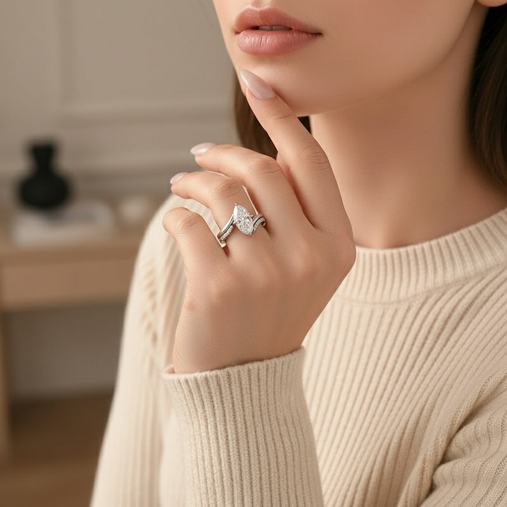 Aurevyn Moissanite 3.0Ct Marquise Cut Insert Wedding Ring Set For Women In Sterling Silver
