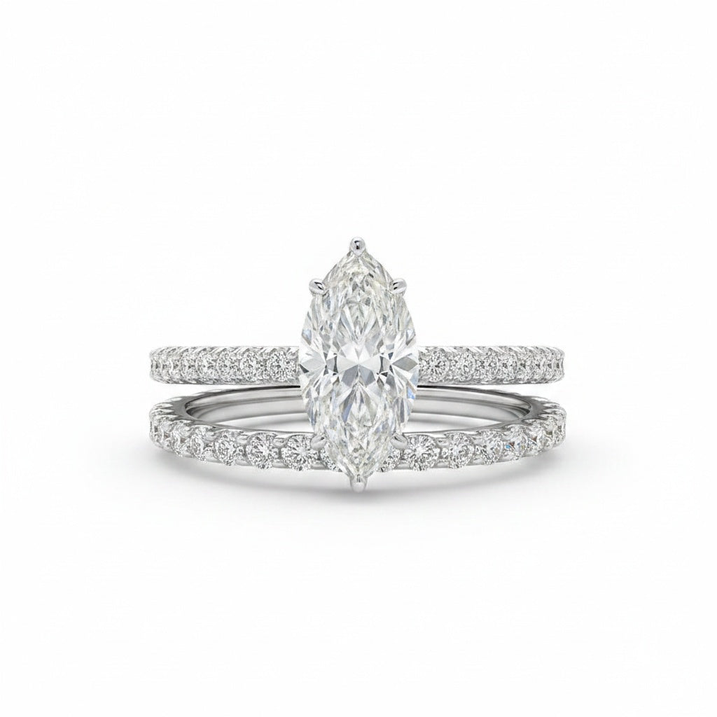 Aurevyn Moissanite 3.0Ct Marquise Cut Pave Three-Sided Band Bridal Ring Set