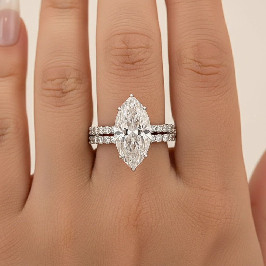Aurevyn Moissanite 3.0Ct Marquise Cut Pave Three-Sided Band Bridal Ring Set
