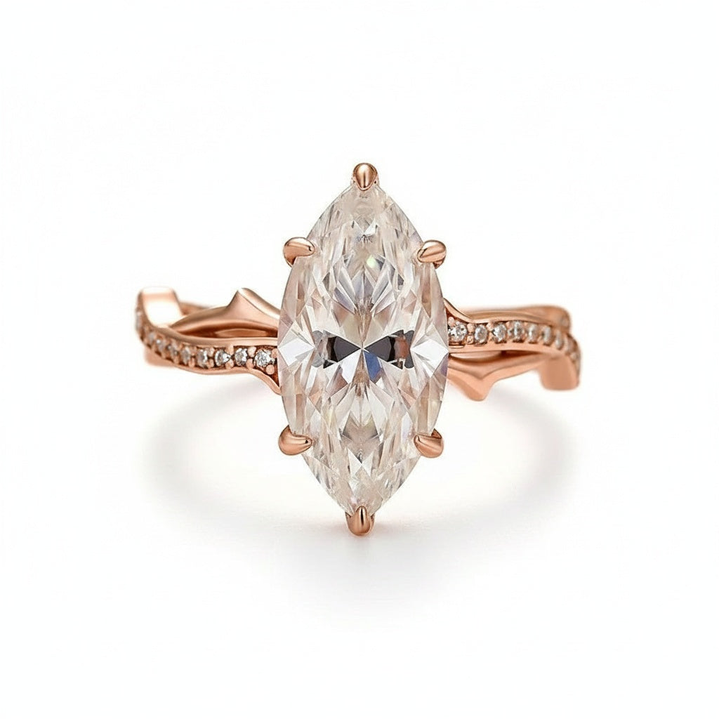 Aurevyn Moissanite 3.0Ct Marquise Cut Rose Gold Twist Engagement Ring In Sterling Silver
