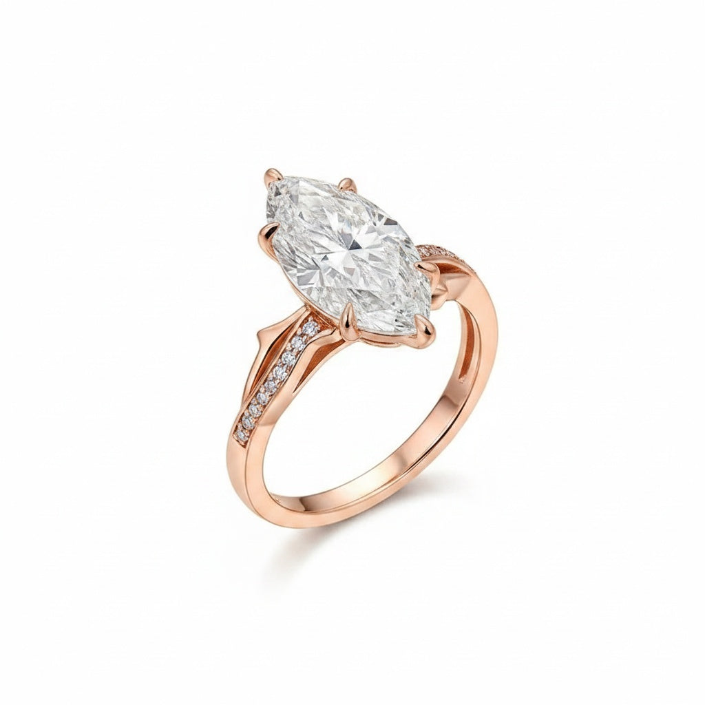 Aurevyn Moissanite 3.0Ct Marquise Cut Rose Gold Twist Engagement Ring In Sterling Silver