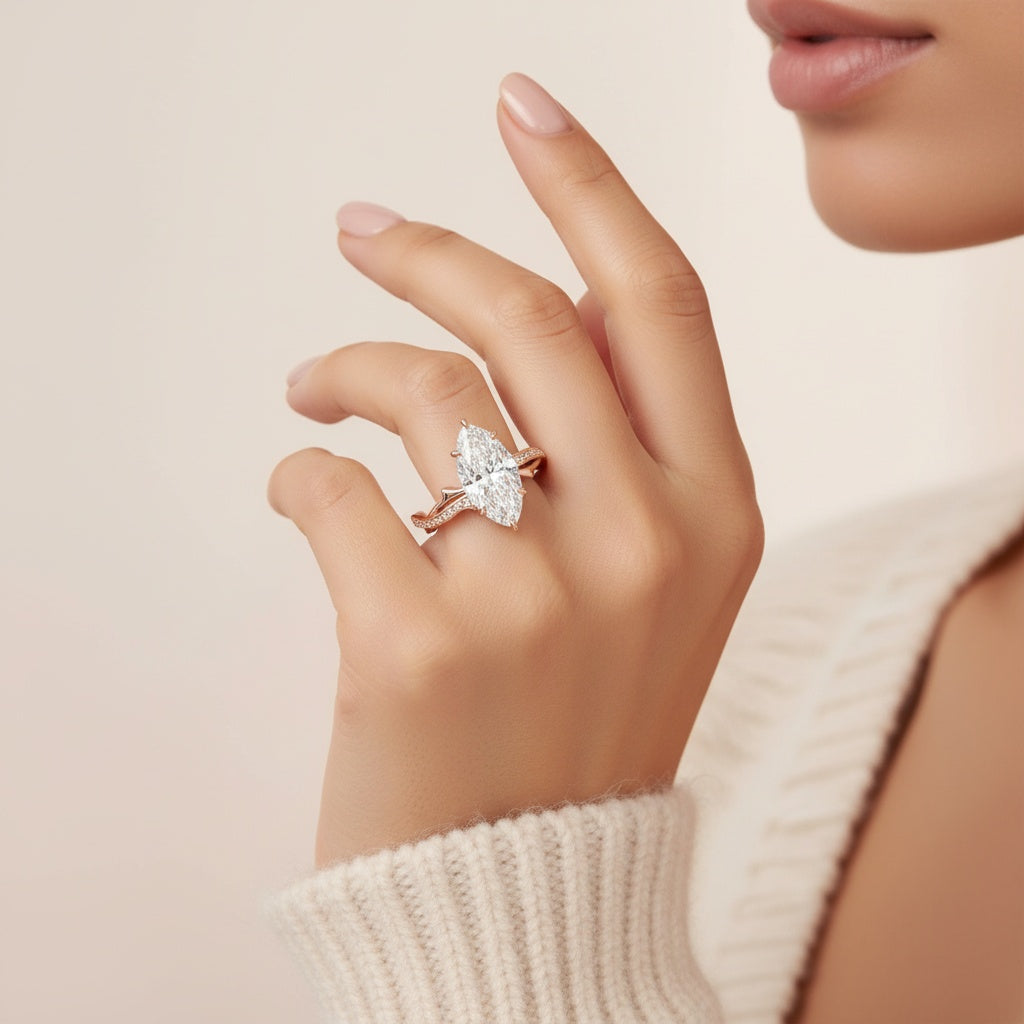 Aurevyn Moissanite 3.0Ct Marquise Cut Rose Gold Twist Engagement Ring In Sterling Silver