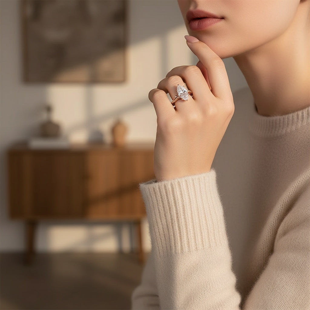 Aurevyn Moissanite 3.0Ct Marquise Cut Rose Gold Twist Engagement Ring In Sterling Silver
