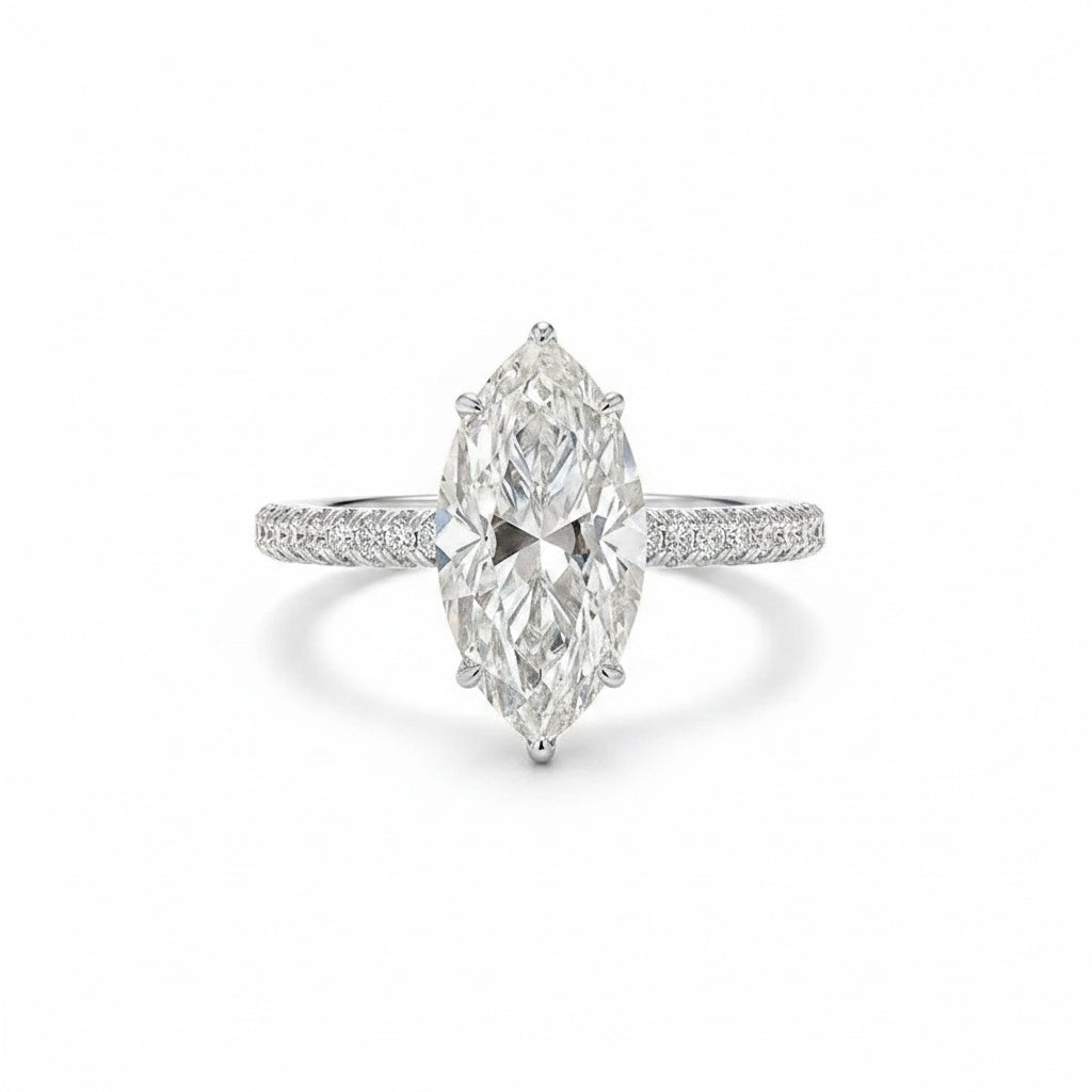 Aurevyn Moissanite 3.0Ct Marquise Cut Solitaire Engagement Ring with Pave Three-Sided Band in 18K White Gold Plated Sterling Silver