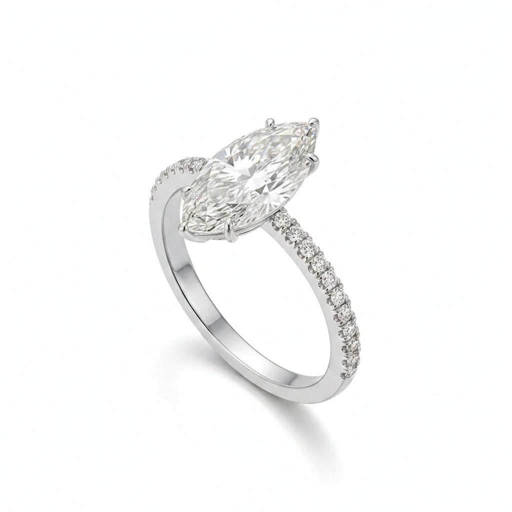 Aurevyn Moissanite 3.0Ct Marquise Cut Solitaire Engagement Ring with Pave Three-Sided Band in 18K White Gold Plated Sterling Silver