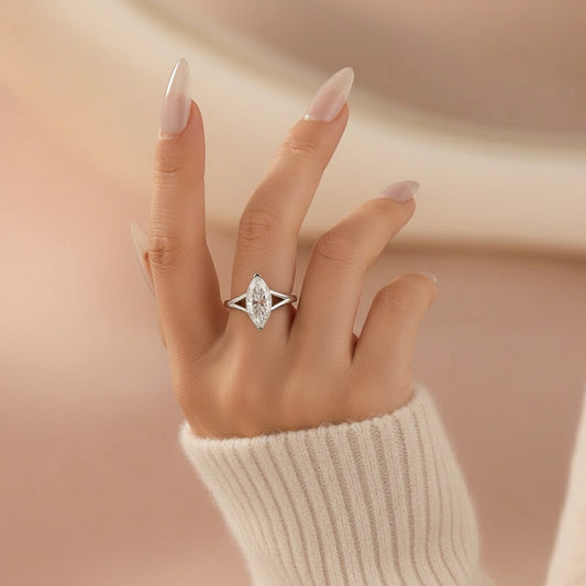 Aurevyn Moissanite 3.0Ct Marquise Cut Split Shank Engagement Ring Travel Ring In Sterling Silver