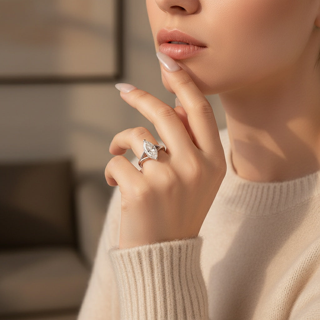 Aurevyn Moissanite 3.0Ct Marquise Cut Split Shank Engagement Ring Travel Ring In Sterling Silver