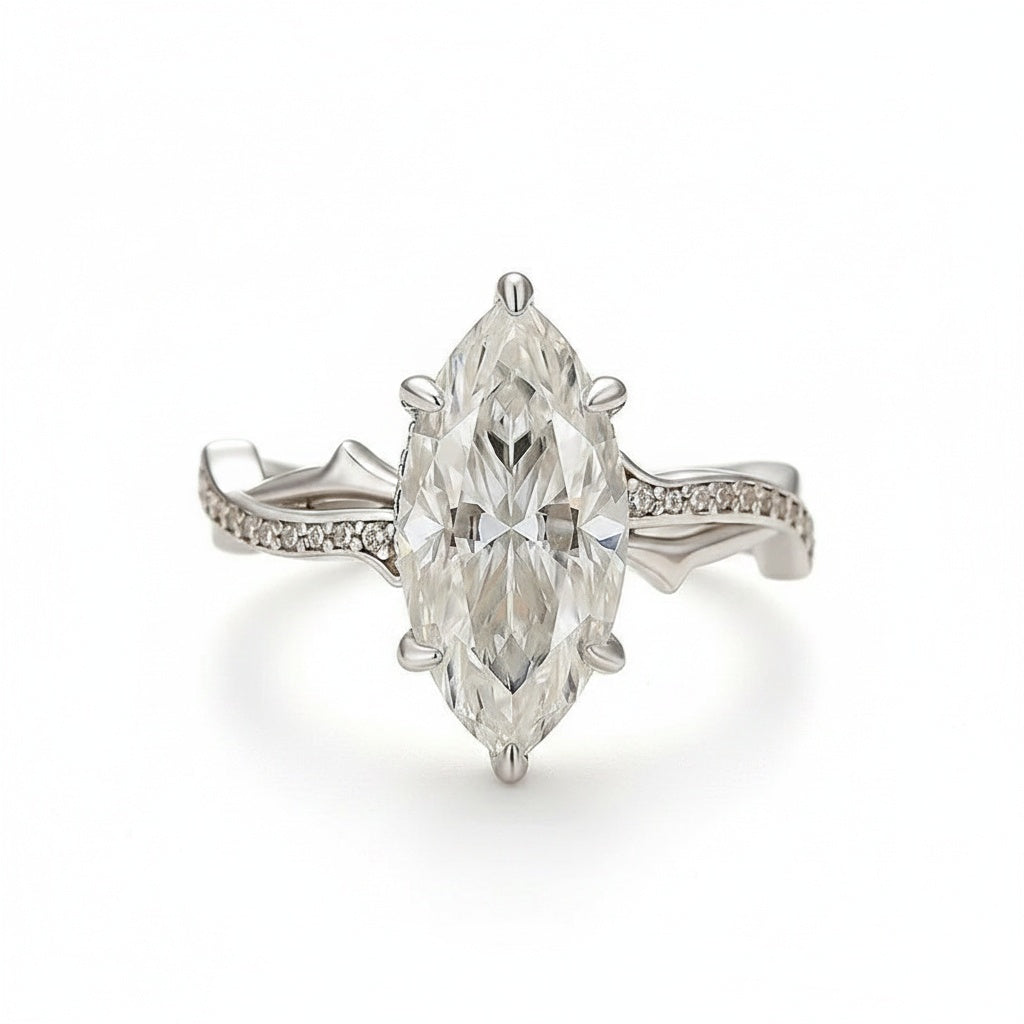 Aurevyn Moissanite 3.0Ct Marquise Cut White Gold Twist Engagement Ring In Sterling Silver