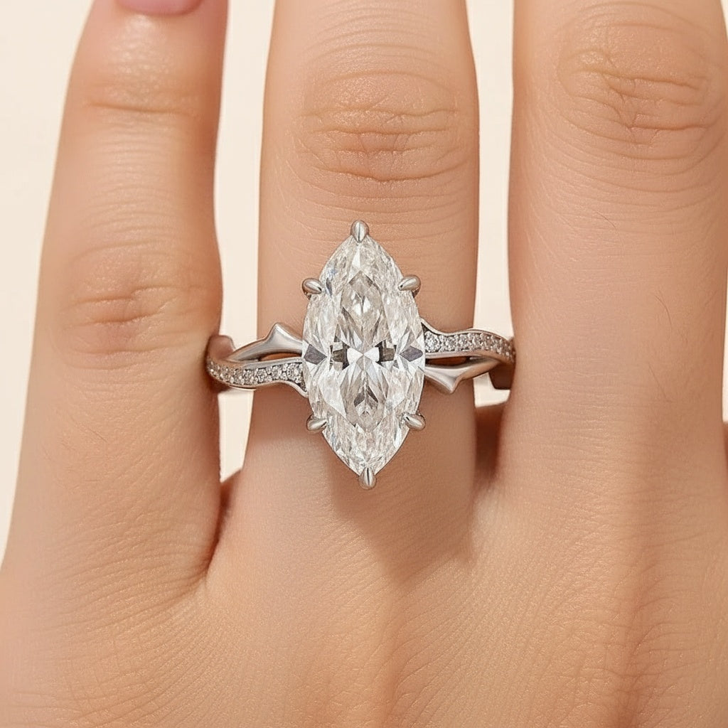 Aurevyn Moissanite 3.0Ct Marquise Cut White Gold Twist Engagement Ring In Sterling Silver