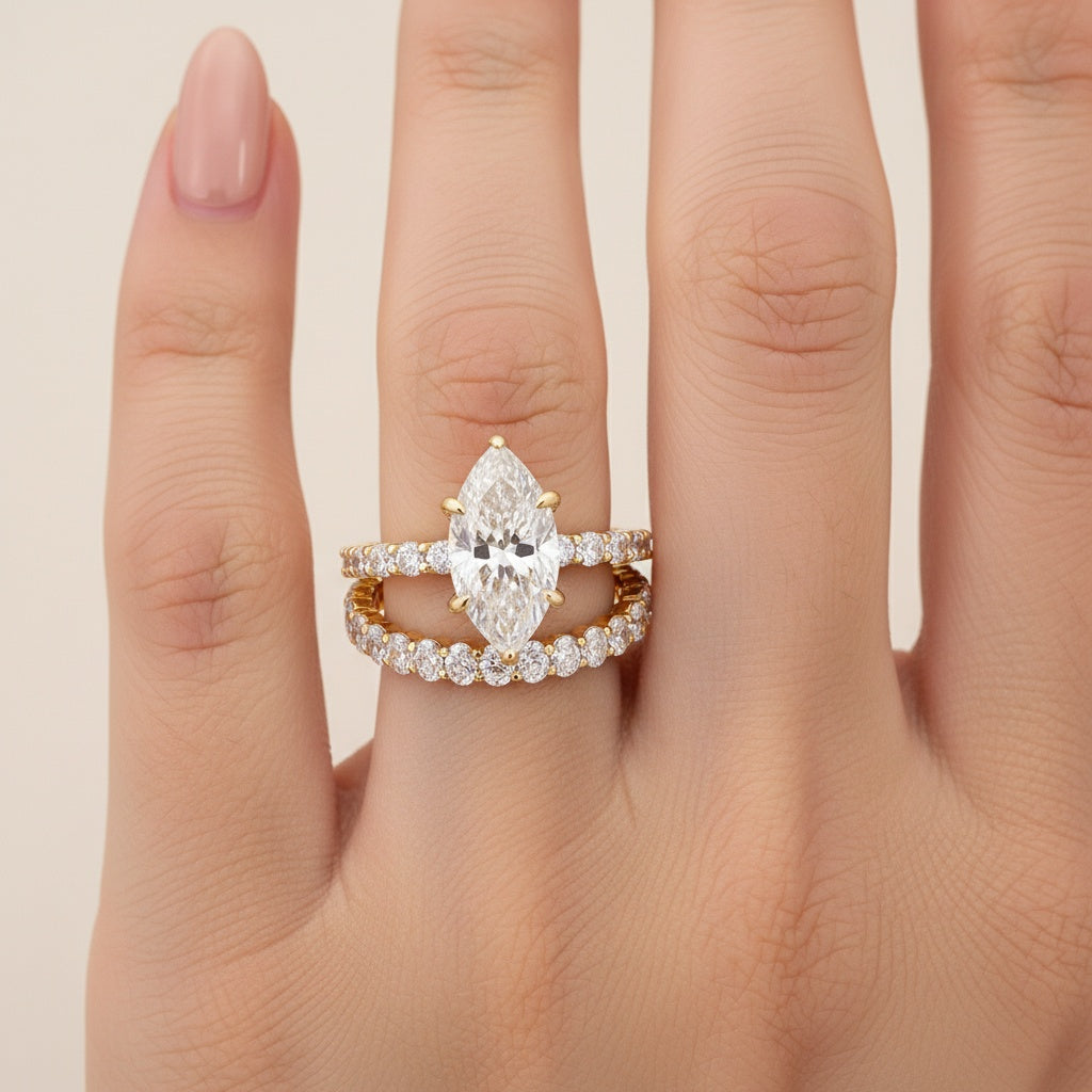 Aurevyn Moissanite 3.0Ct Marquise Cut Yellow Gold Wedding Ring with Oval Cut Wedding Ring