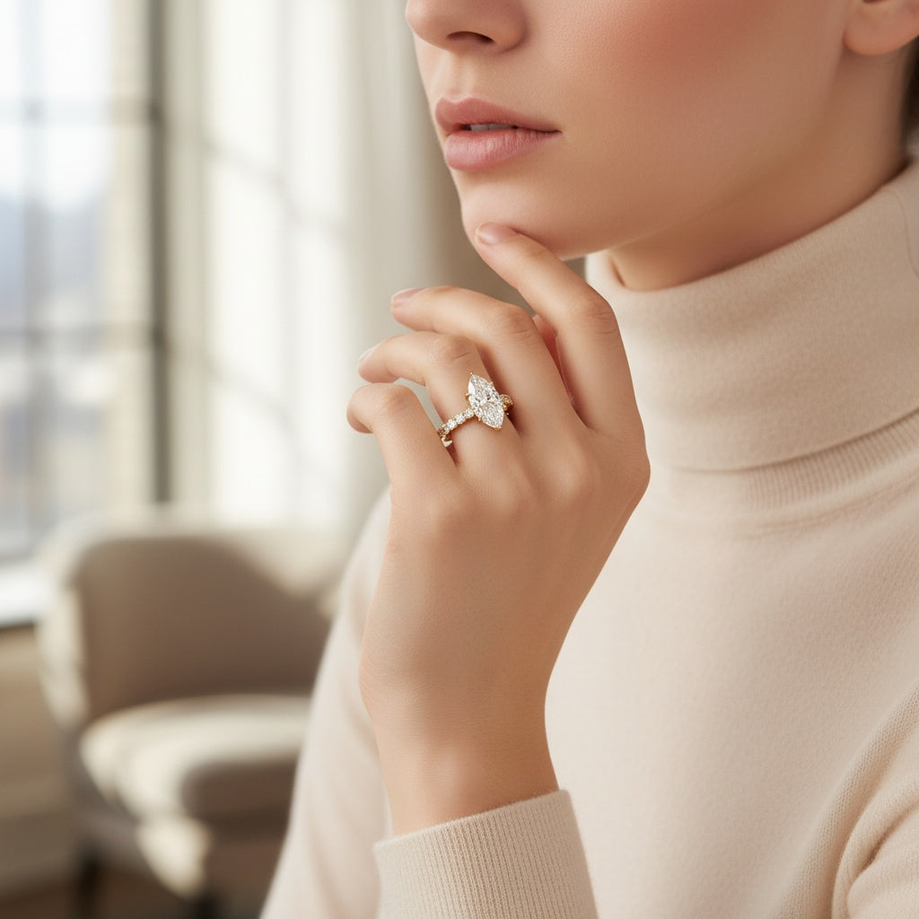Aurevyn Moissanite 3.0Ct Marquise Cut Yellow Gold Wedding Ring with Oval Cut Wedding Ring