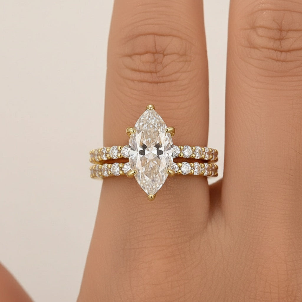 Aurevyn Moissanite 3.0Ct Marquise Side Stone Yellow Gold Travel Bridal Set