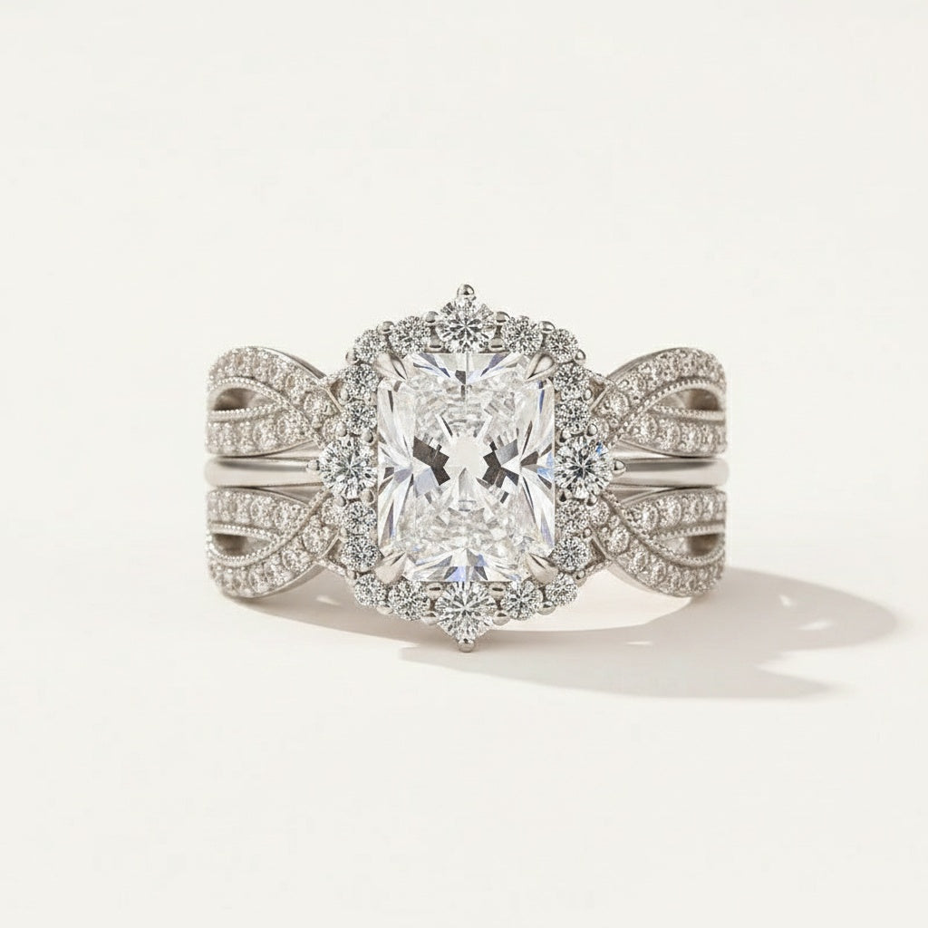 Aurevyn Moissanite 3.0Ct Radiant Cut White Gold Stack Wedding Ring with Enhancer Wedding Band