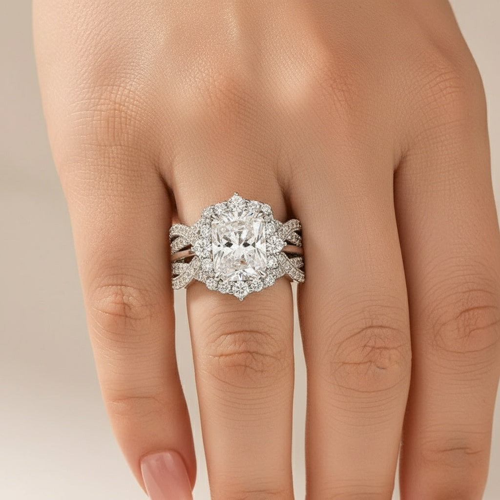 Aurevyn Moissanite 3.0Ct Radiant Cut White Gold Stack Wedding Ring with Enhancer Wedding Band