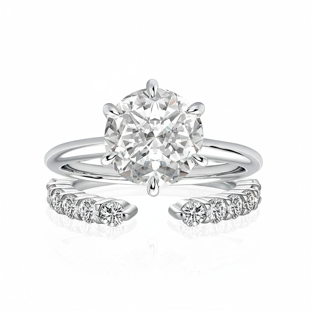 Aurevyn Moissanite 3.0Ct Round Cut 6 Prong White Gold Wedding Ring with Open Wedding Band