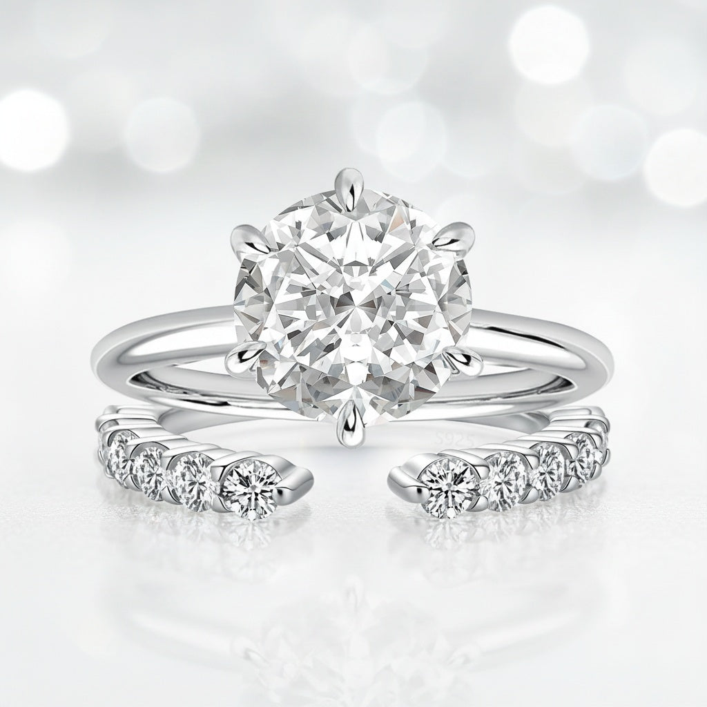 Aurevyn Moissanite 3.0Ct Round Cut 6 Prong White Gold Wedding Ring with Open Wedding Band