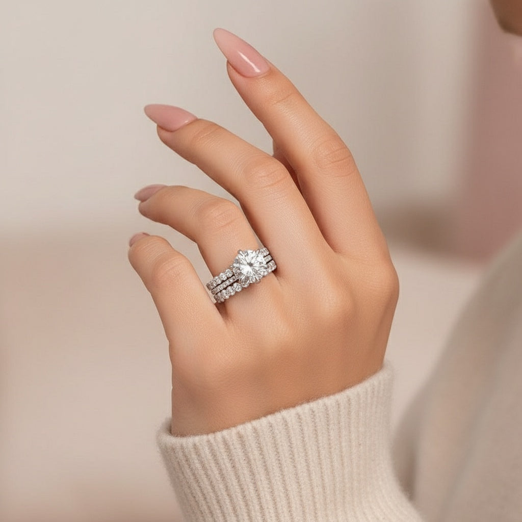 Aurevyn Moissanite 3.0Ct Round Cut White Gold 3PC Travel Engagement Ring with Oval & Round Cut Wedding Band