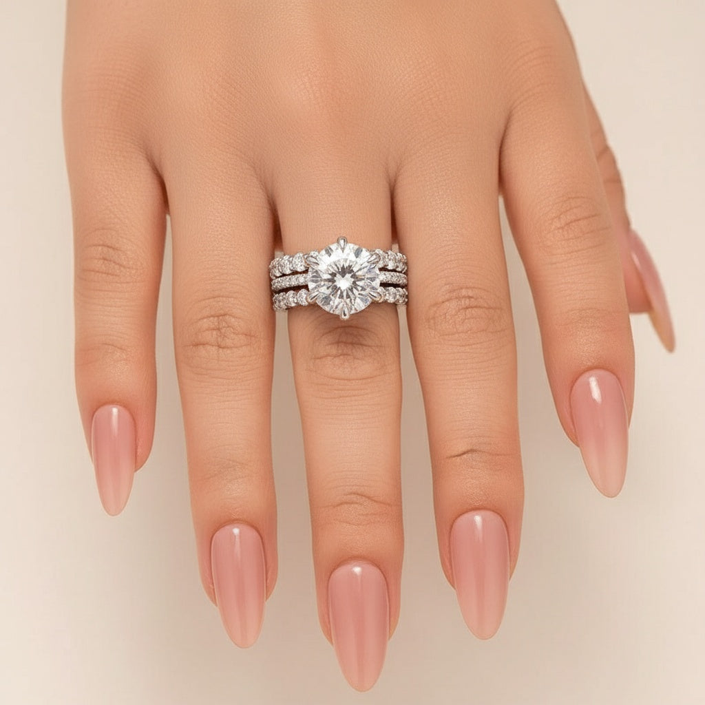 Aurevyn Moissanite 3.0Ct Round Cut White Gold 3PC Travel Engagement Ring with Oval & Round Cut Wedding Band