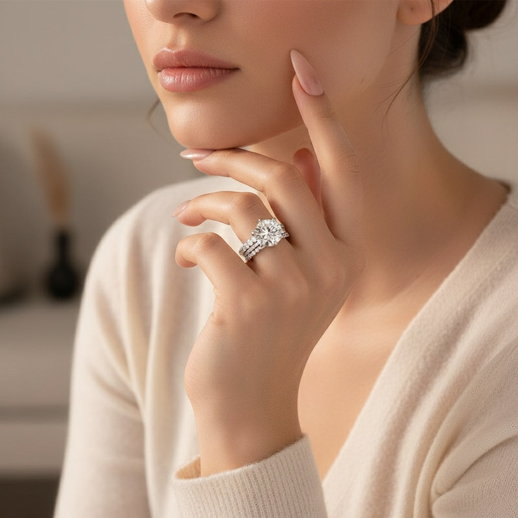 Aurevyn Moissanite 3.0Ct Round Cut White Gold 3PC Travel Engagement Ring with Oval & Round Cut Wedding Band