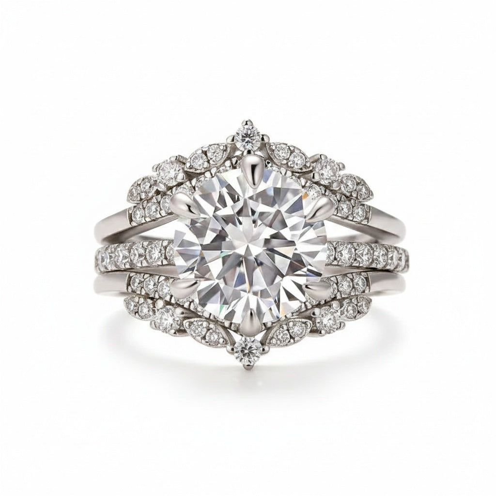 Aurevyn Moissanite 3.0Ct Round Cut White Gold Stack Wedding Ring with Jacket Wedding Band