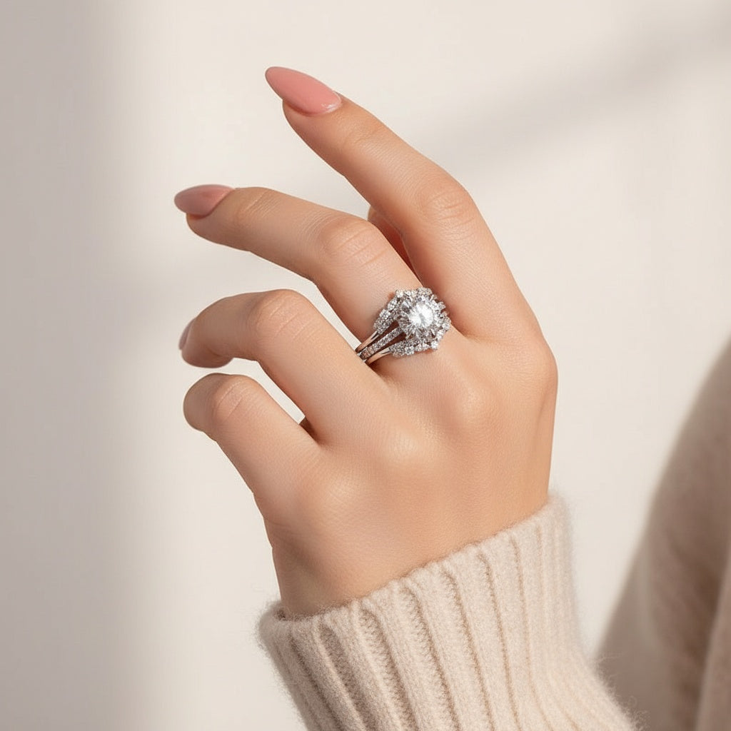 Aurevyn Moissanite 3.0Ct Round Cut White Gold Stack Wedding Ring with Jacket Wedding Band