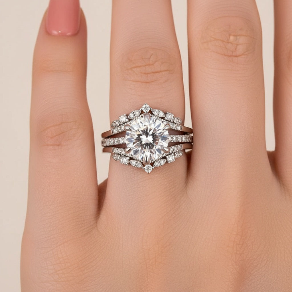 Aurevyn Moissanite 3.0Ct Round Cut White Gold Stack Wedding Ring with Jacket Wedding Band