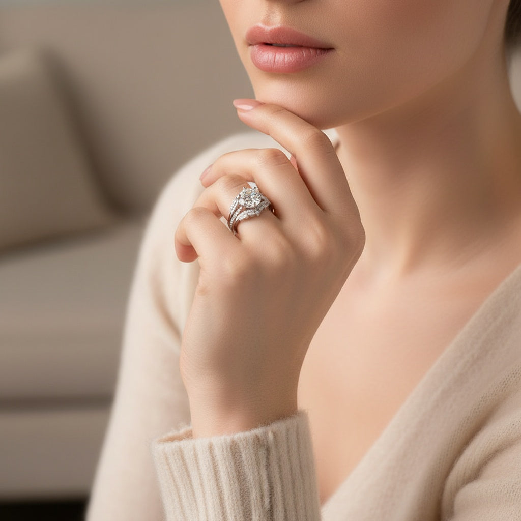 Aurevyn Moissanite 3.0Ct Round Cut White Gold Stack Wedding Ring with Jacket Wedding Band
