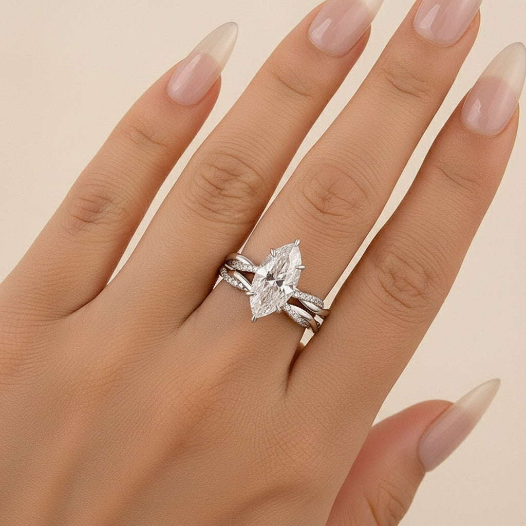 Aurevyn Moissanite 3.0Ct Twist Marquise Cut White Gold Wedding Ring Set