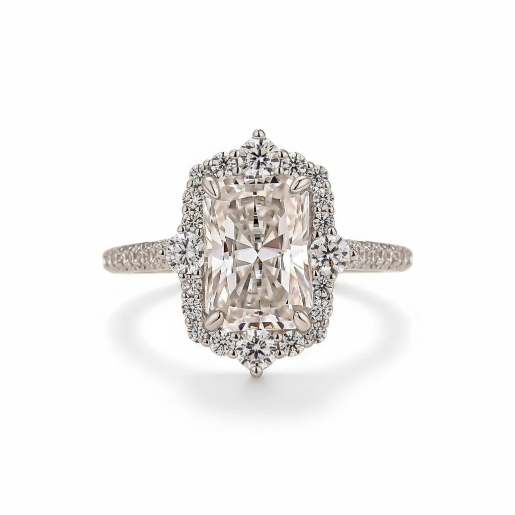 Aurevyn Moissanite 3.0Ct White Gold Halo Radiant Cut Engagement Ring