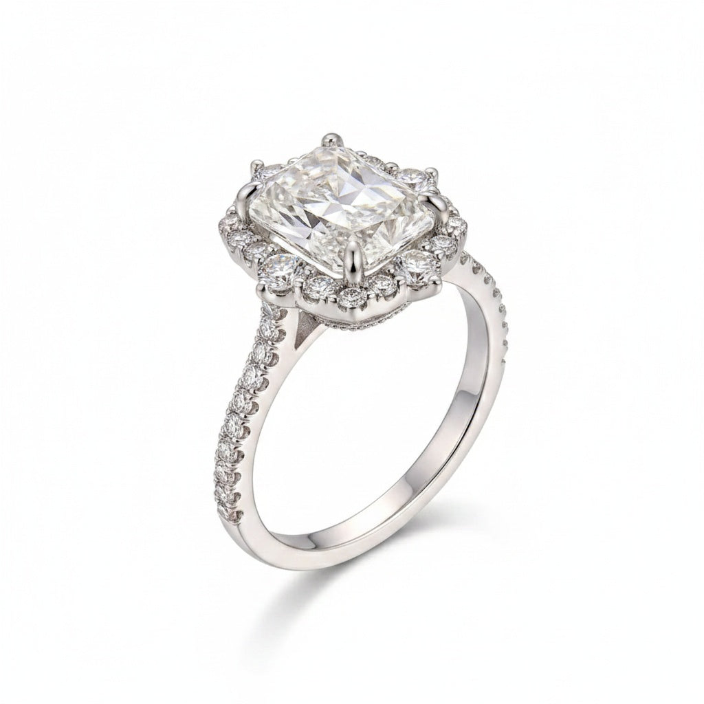 Aurevyn Moissanite 3.0Ct White Gold Halo Radiant Cut Engagement Ring