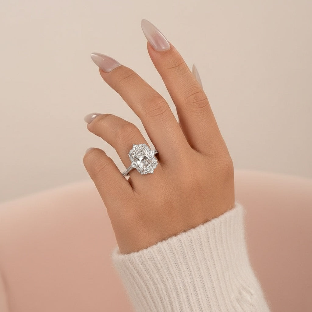 Aurevyn Moissanite 3.0Ct White Gold Halo Radiant Cut Engagement Ring