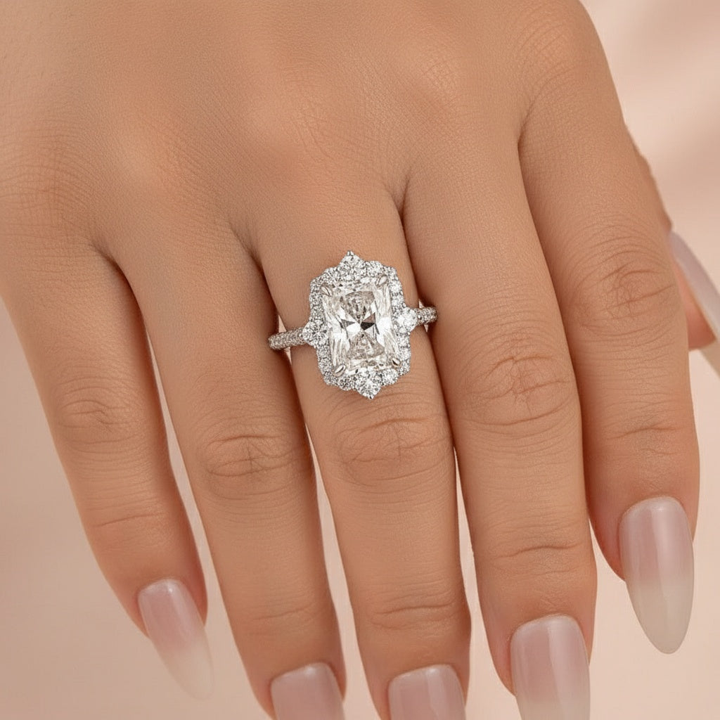 Aurevyn Moissanite 3.0Ct White Gold Halo Radiant Cut Engagement Ring