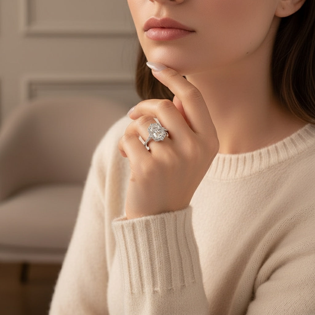Aurevyn Moissanite 3.0Ct White Gold Halo Radiant Cut Engagement Ring