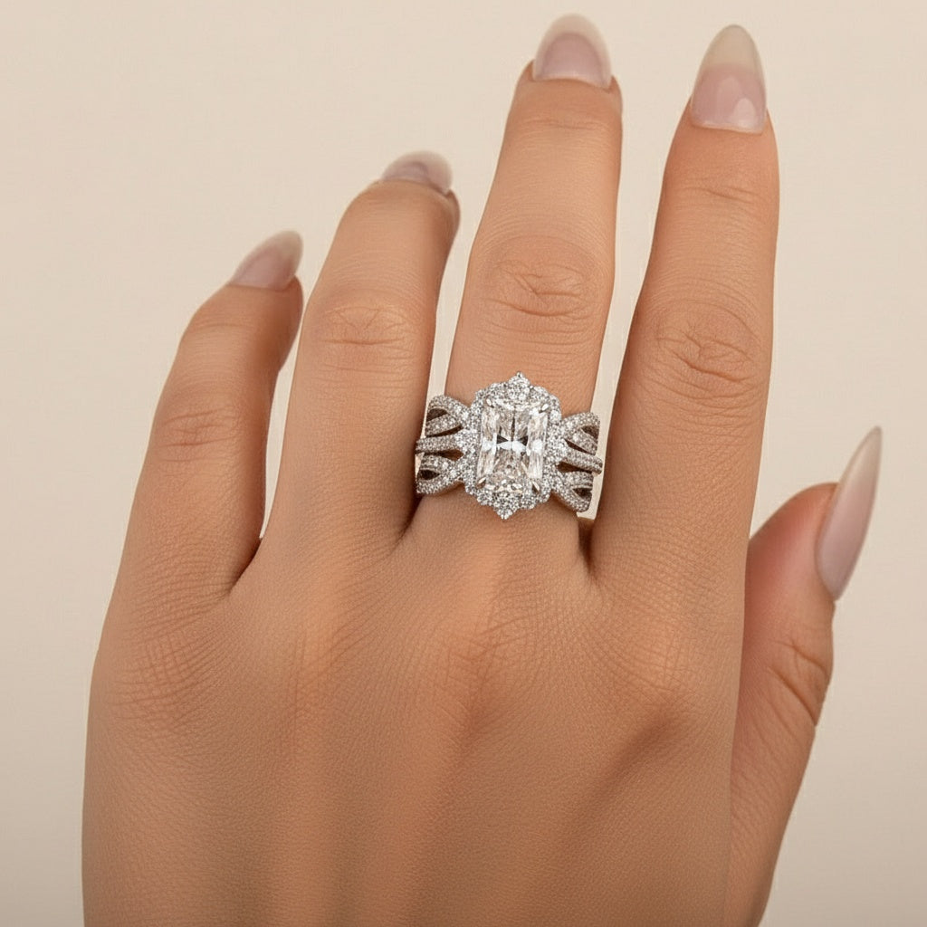 Aurevyn Moissanite 3.0Ct White Gold Halo Radiant Cut Stack Wedding Ring with Enhancer Wedding Band