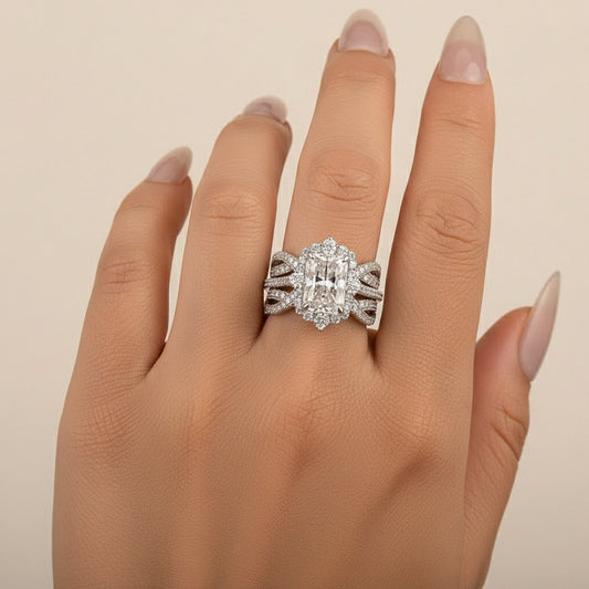 Aurevyn Moissanite 3.0Ct White Gold Halo Radiant Cut Stack Wedding Ring with Enhancer Wedding Band