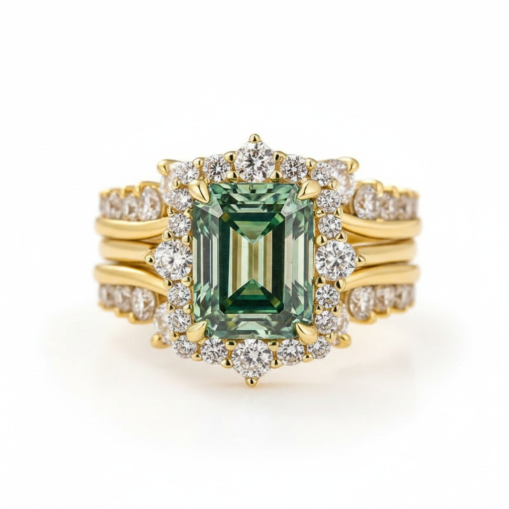 Aurevyn Moissanite 3.0Ct Yellow Gold Halo Emerald Stone Emerald Cut Engagement Ring with Enhancer Ring