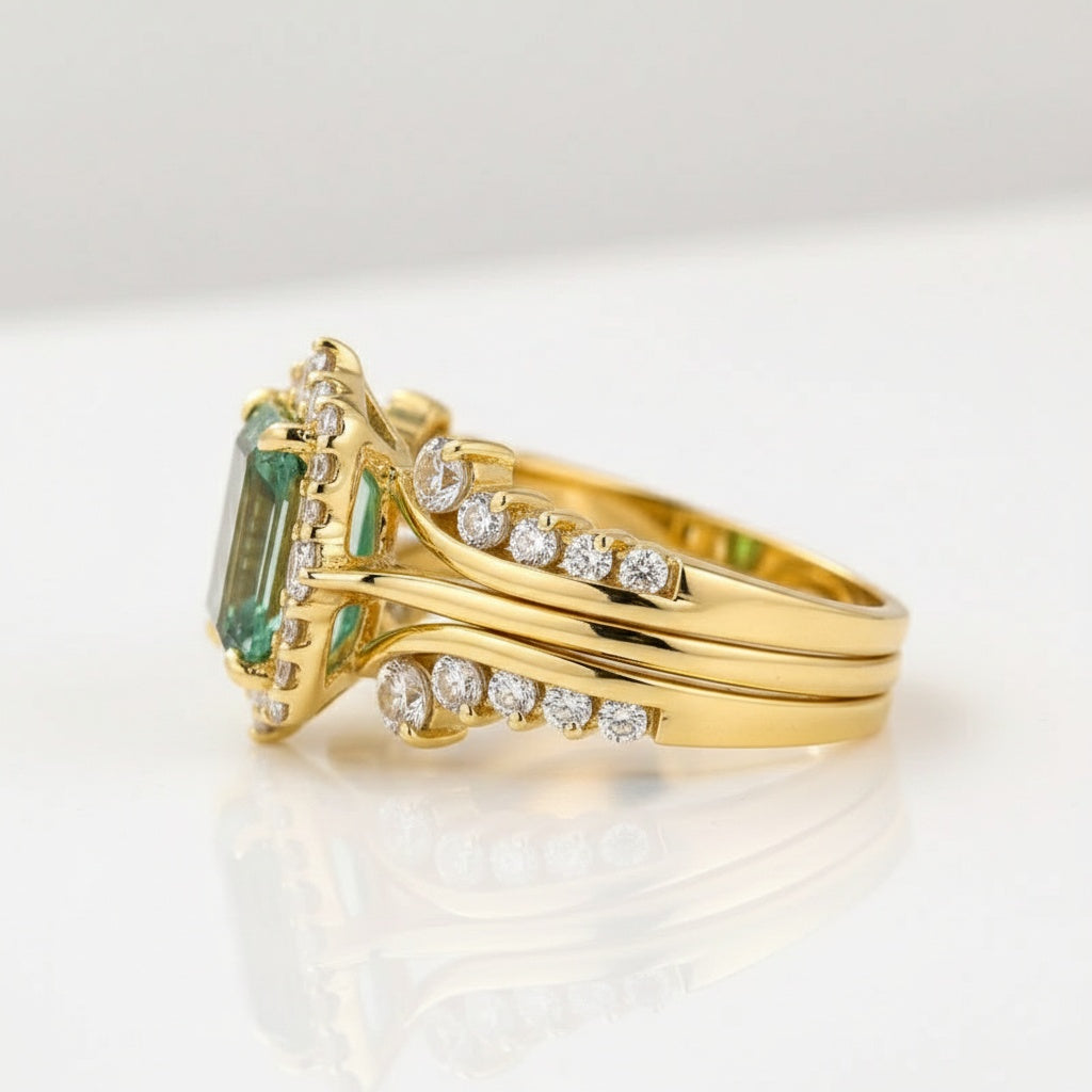Aurevyn Moissanite 3.0Ct Yellow Gold Halo Emerald Stone Emerald Cut Engagement Ring with Enhancer Ring