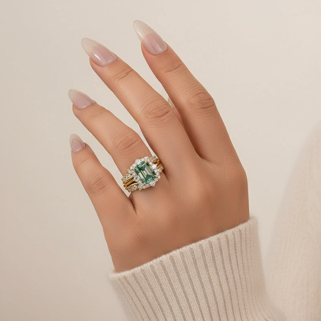 Aurevyn Moissanite 3.0Ct Yellow Gold Halo Emerald Stone Emerald Cut Engagement Ring with Enhancer Ring