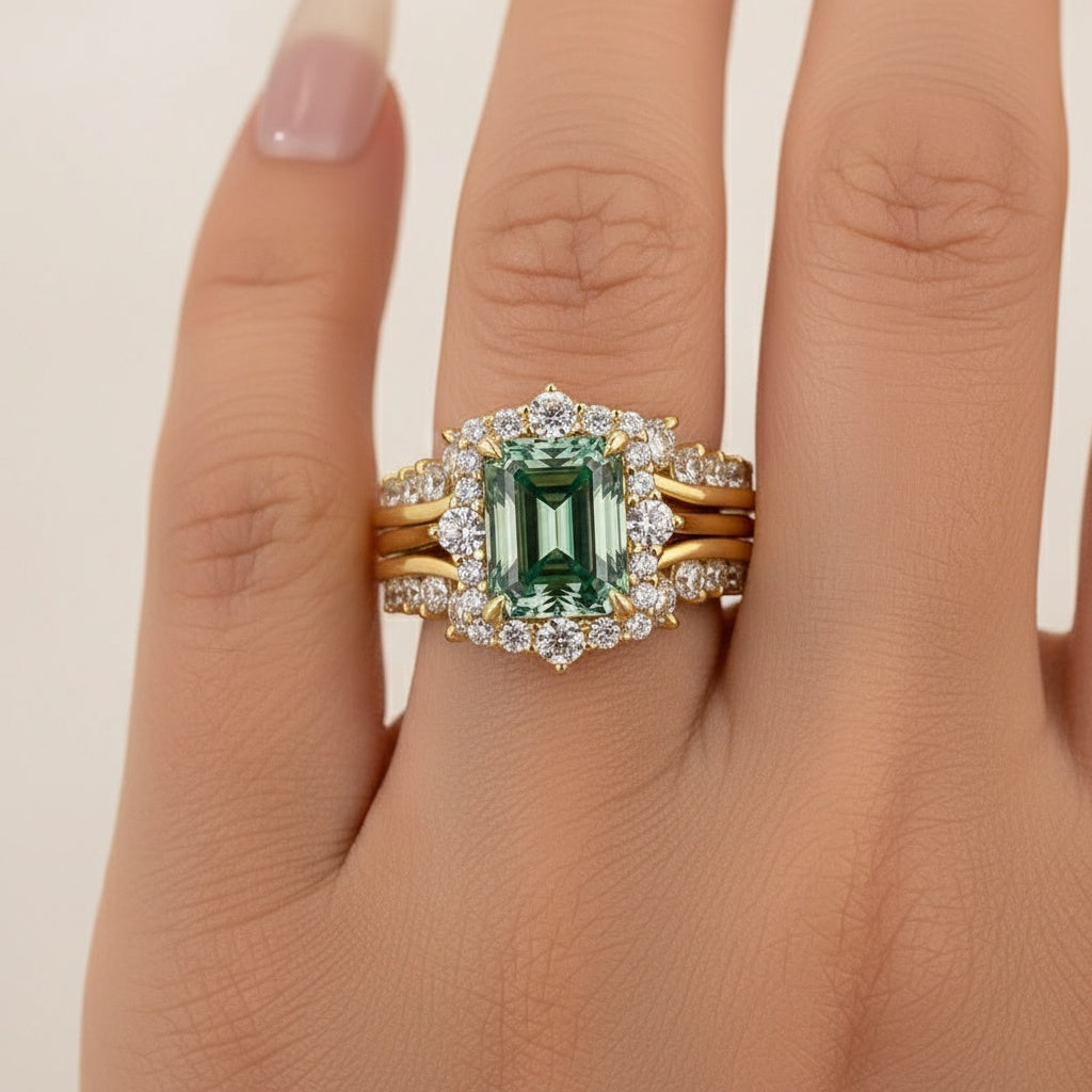 Aurevyn Moissanite 3.0Ct Yellow Gold Halo Emerald Stone Emerald Cut Engagement Ring with Enhancer Ring