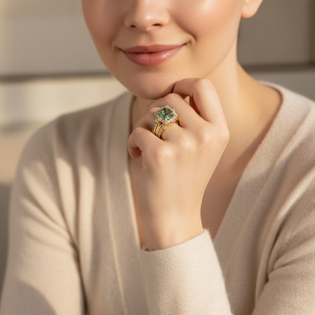 Aurevyn Moissanite 3.0Ct Yellow Gold Halo Emerald Stone Emerald Cut Engagement Ring with Enhancer Ring
