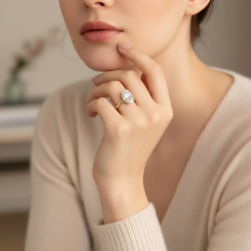 Aurevyn Moissanite 3.0Ct/4.0Ct Solitaire Oval Cut Engagement Ring With Pear Cut Wedding Band Wedding Ring Set