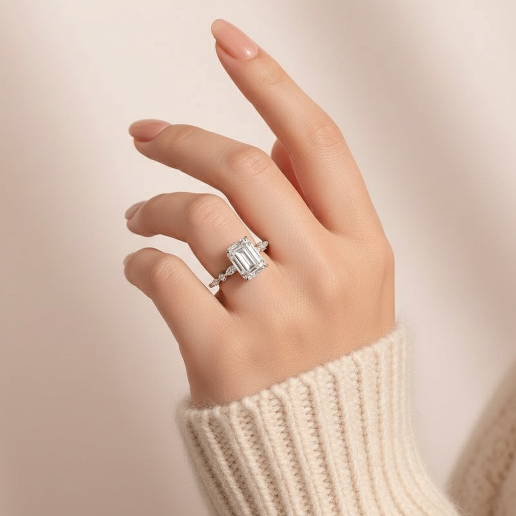 Aurevyn Moissanite 3.5 Carat Emerald Cut Classic Engagement Ring In Sterling Silver