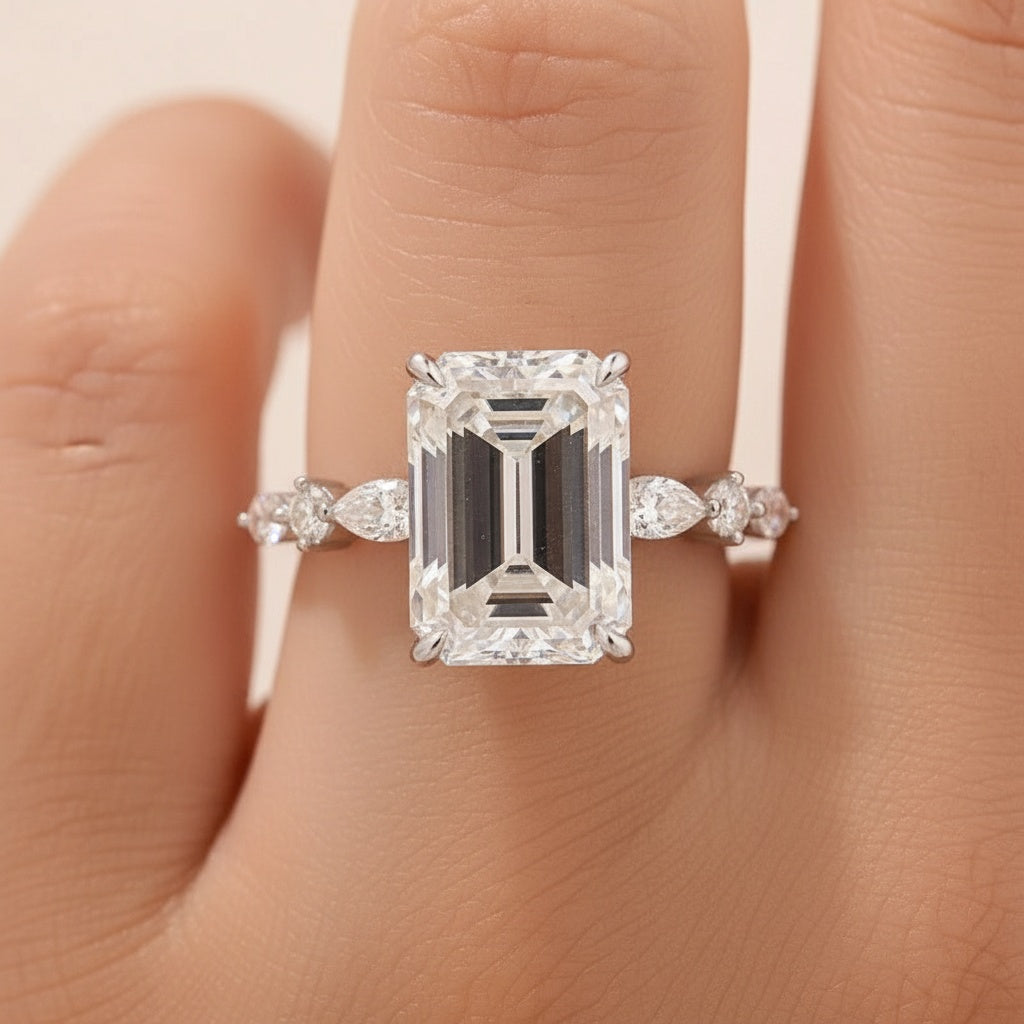 Aurevyn Moissanite 3.5 Carat Emerald Cut Classic Engagement Ring In Sterling Silver