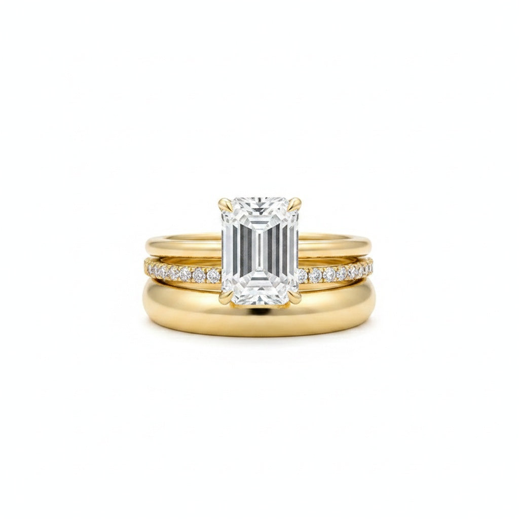 Aurevyn Moissanite 3.5 Ct Emerald Cut Yellow Gold Wedding Ring Set with Wide Band