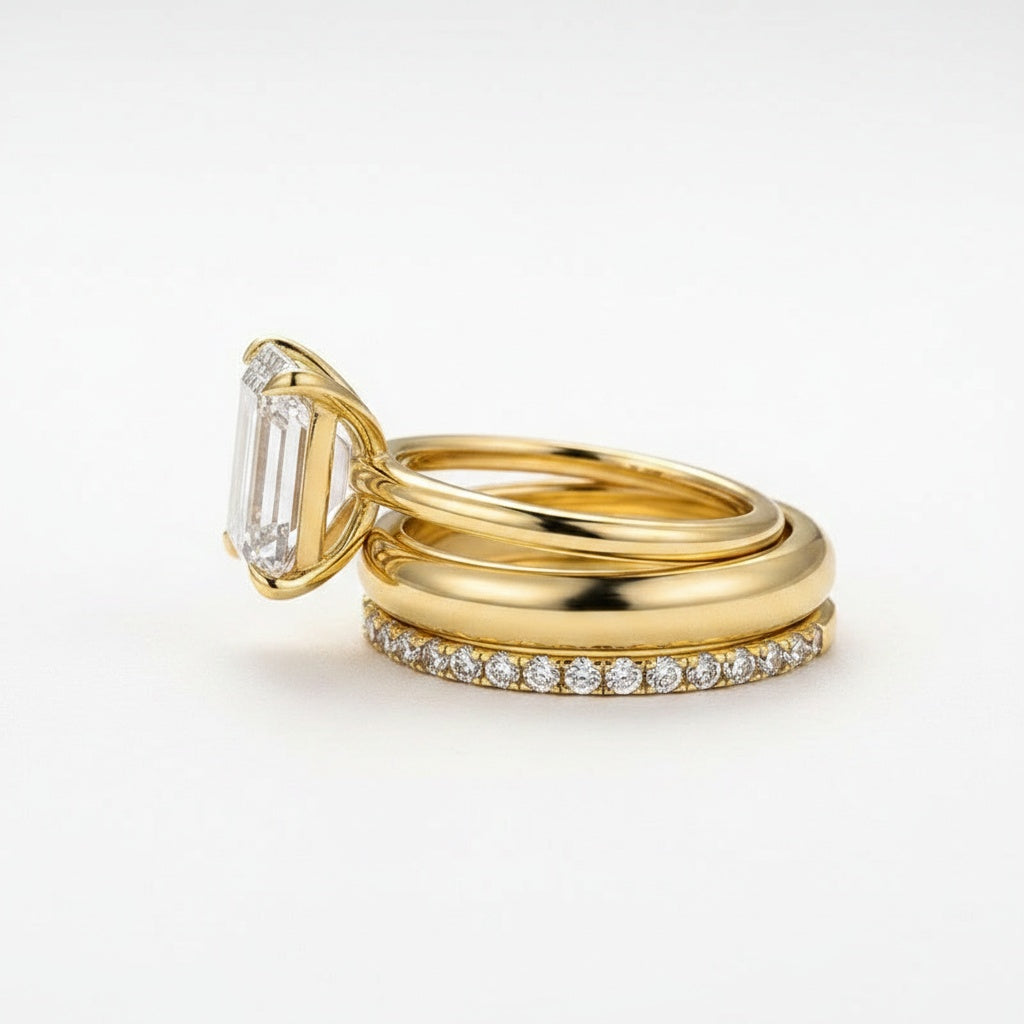 Aurevyn Moissanite 3.5 Ct Emerald Cut Yellow Gold Wedding Ring Set with Wide Band