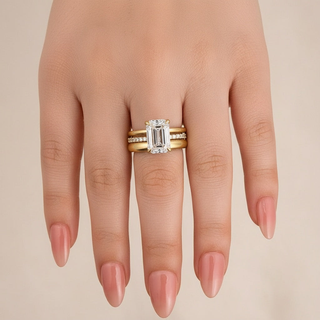 Aurevyn Moissanite 3.5 Ct Emerald Cut Yellow Gold Wedding Ring Set with Wide Band