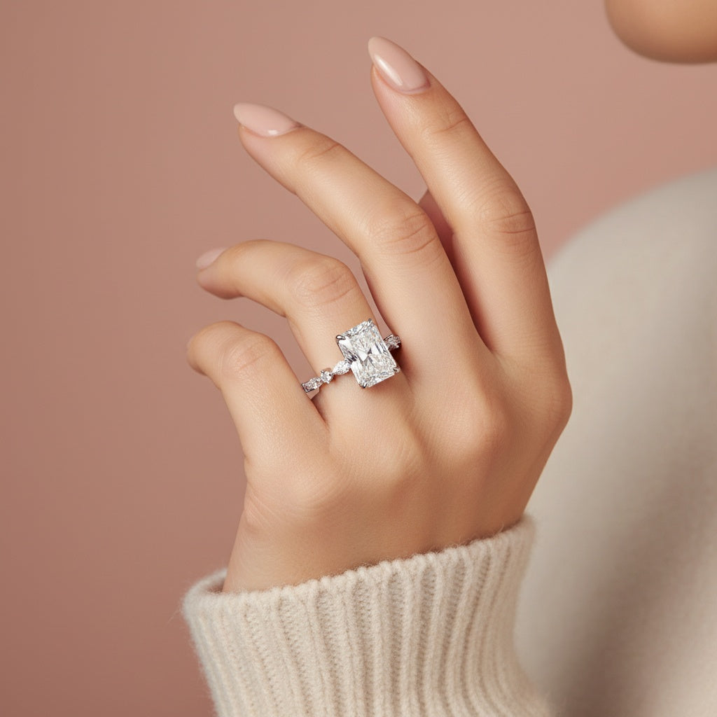 Aurevyn Moissanite 3.5 Ct Radiant Cut White Gold Engagement Ring with Marquise & Round Wedding Ring