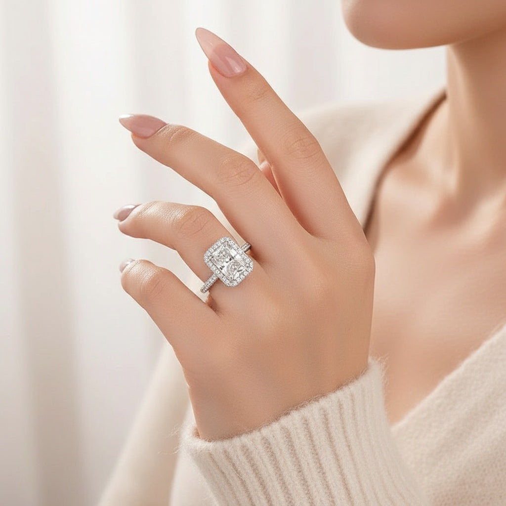 Aurevyn Moissanite 3.5Ct Radiant Cut Halo Engagement Ring In Sterling Silver