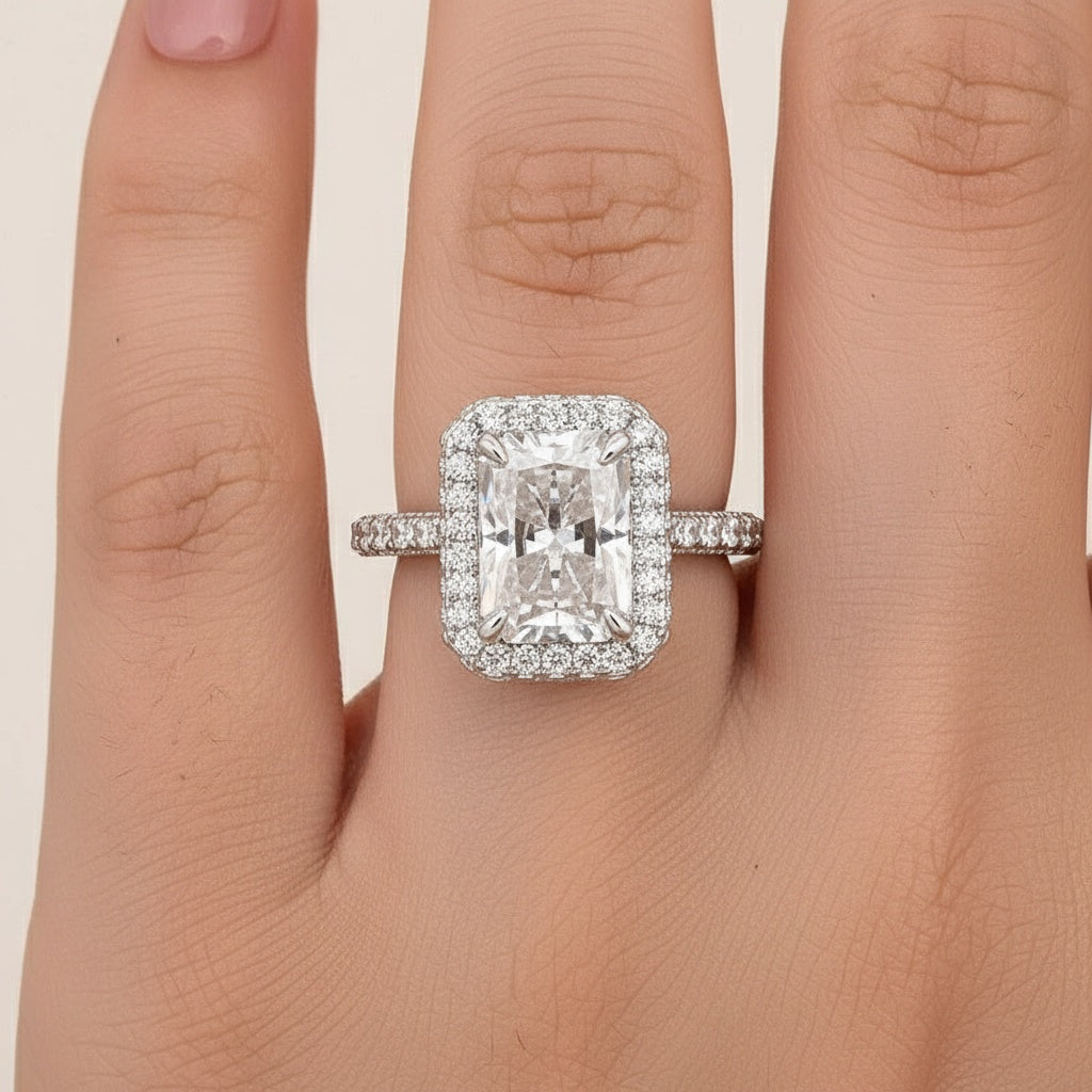 Aurevyn Moissanite 3.5Ct Radiant Cut Halo Engagement Ring In Sterling Silver